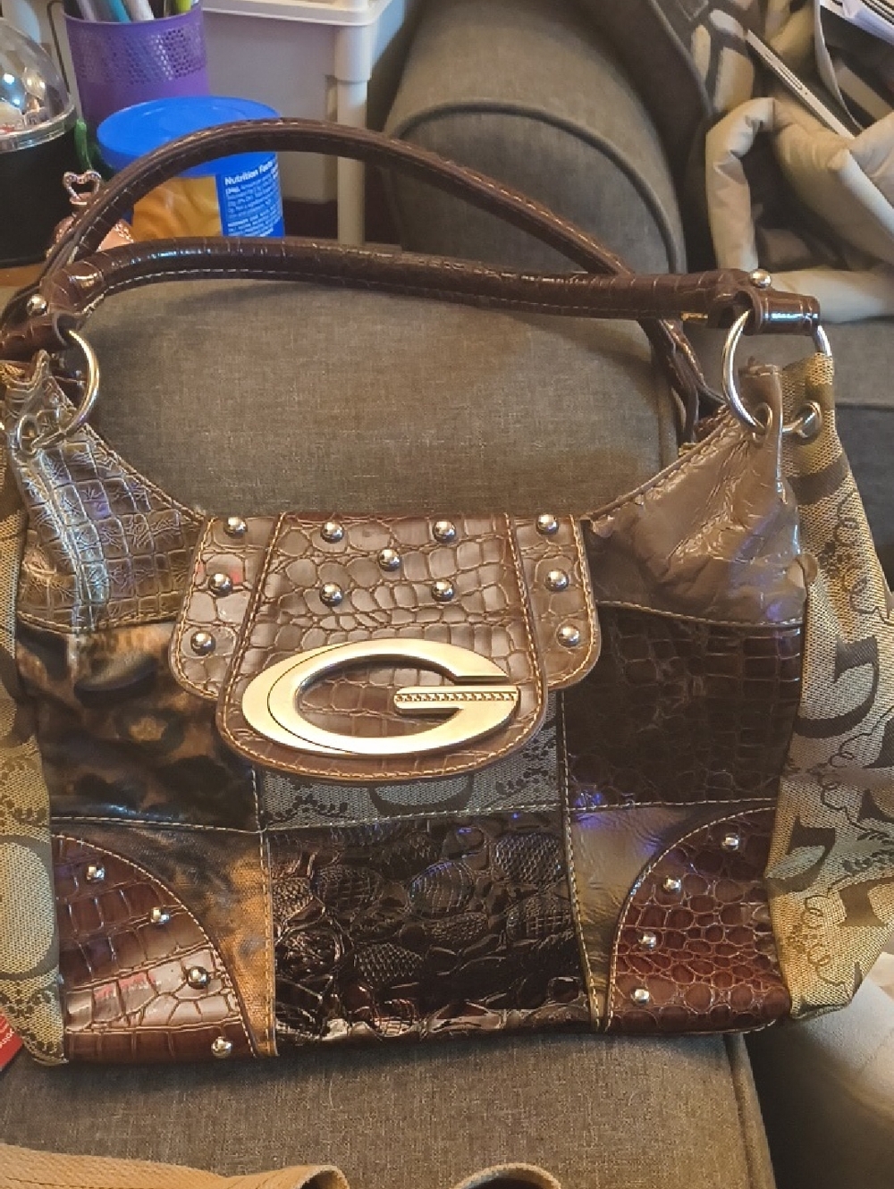 G-Emblem Patchwork Brown Tote Handbag